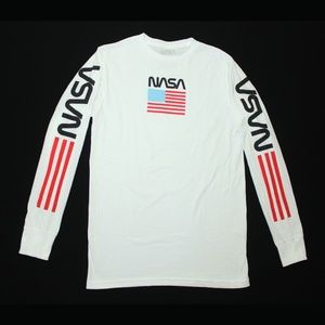 NASA  White Long Sleeve Tee Space American Flag